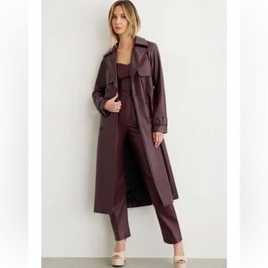 Dynamite Long Faux Leather Trench Coat in Deep Burgundy